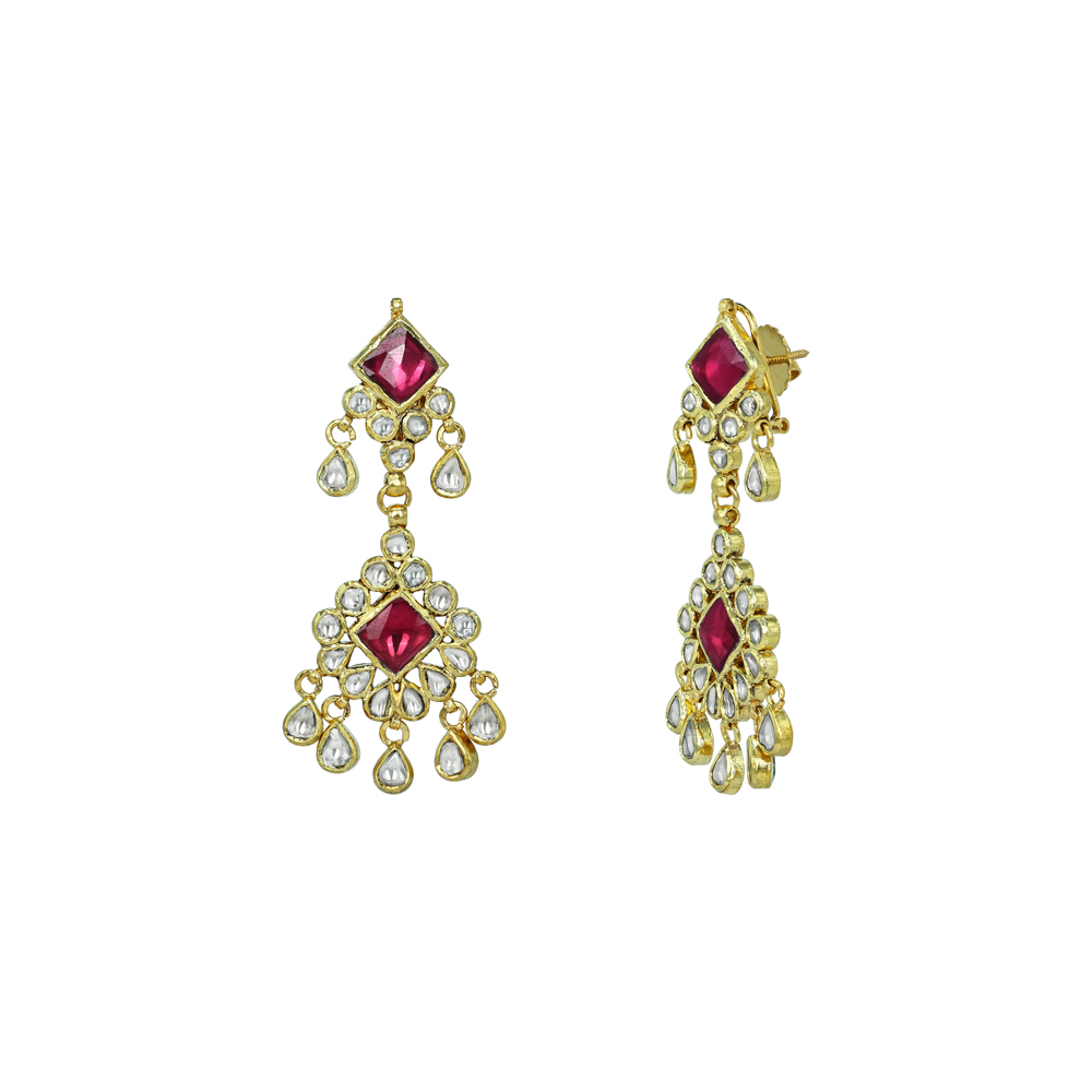 Ruby Square Chandelier Earrings with Polki Diamonds